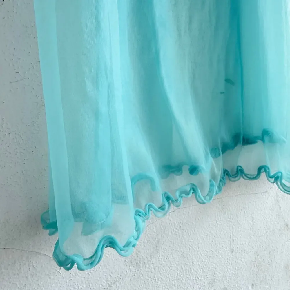 Vtg 60s Babydoll Nightgown Maxi Slip Dress Sheer Aqua‎ Chiffon Lettuce Hem Fairy - Picture 2 of 7